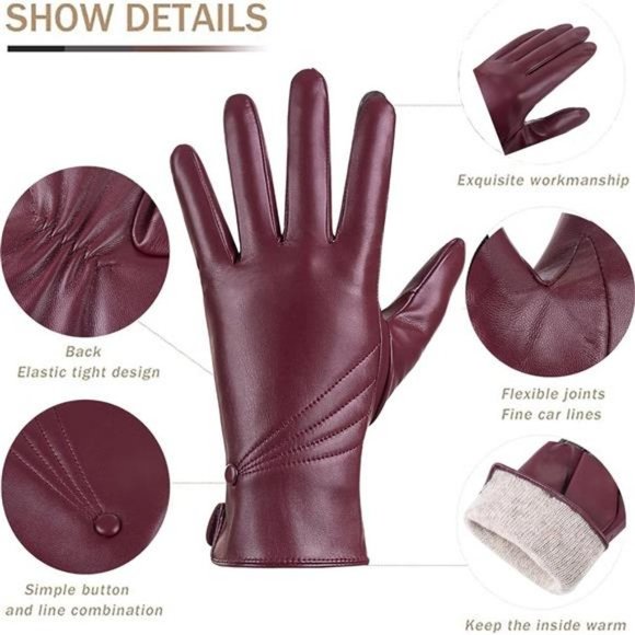 Women BlackWinter Leather Warm Touchscreen Driving Texting Cashmere Lined Gloves - Picture 7 of 8